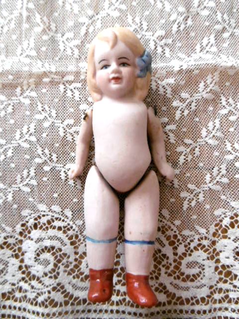 アンティーク ピンクのリボンの女の子 オールビスクドール