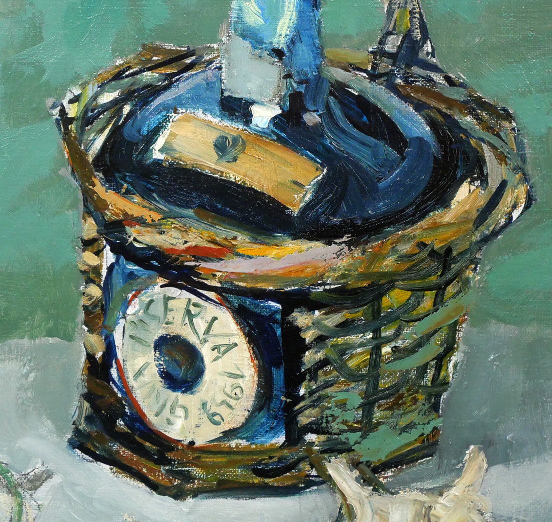 豊島輝彦「洋酒ビンのある静物」油絵・F6号 絵画買取・販売の小竹美術