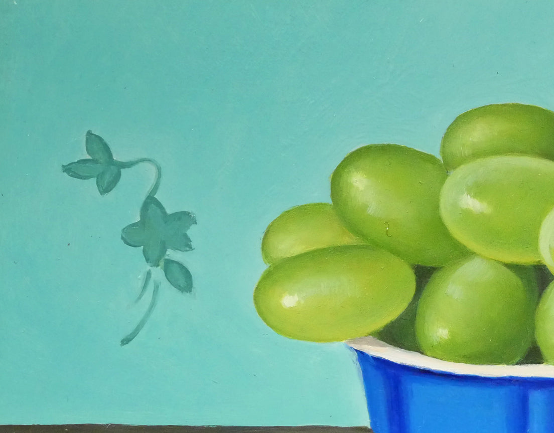 油絵 菅家令子絵 絵画インテリア額付(青緑＋金色の枠)uF6-063004ぶどう