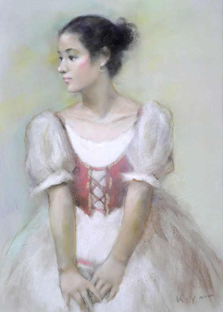 矢野喜久男「赤いベスト」パステル画・10号 絵画買取・販売の小竹美術