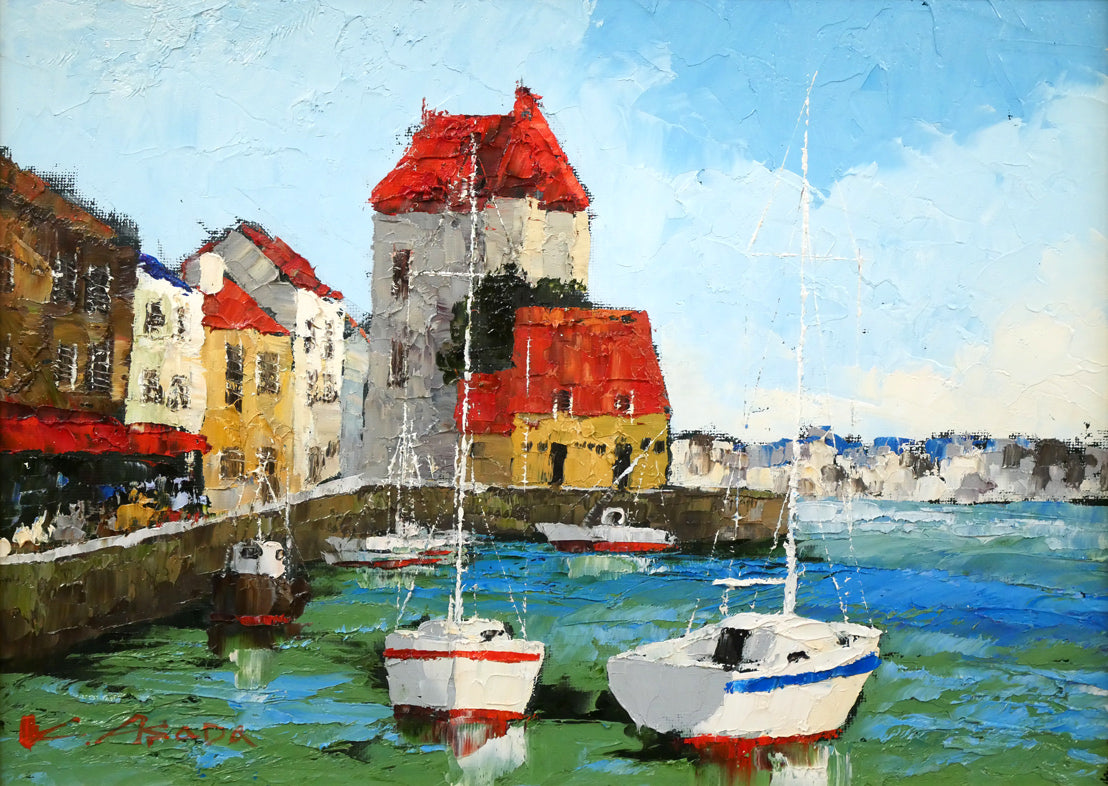 浅田薫「オンフルール港（フランス）」油絵・F4号 絵画買取・販売の