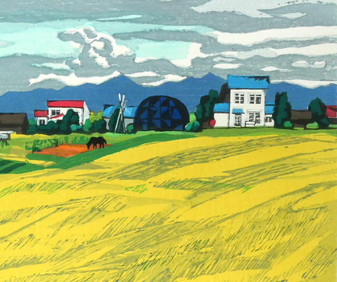 北岡文雄「海の見える農場」木版画 絵画買取・販売の小竹美術