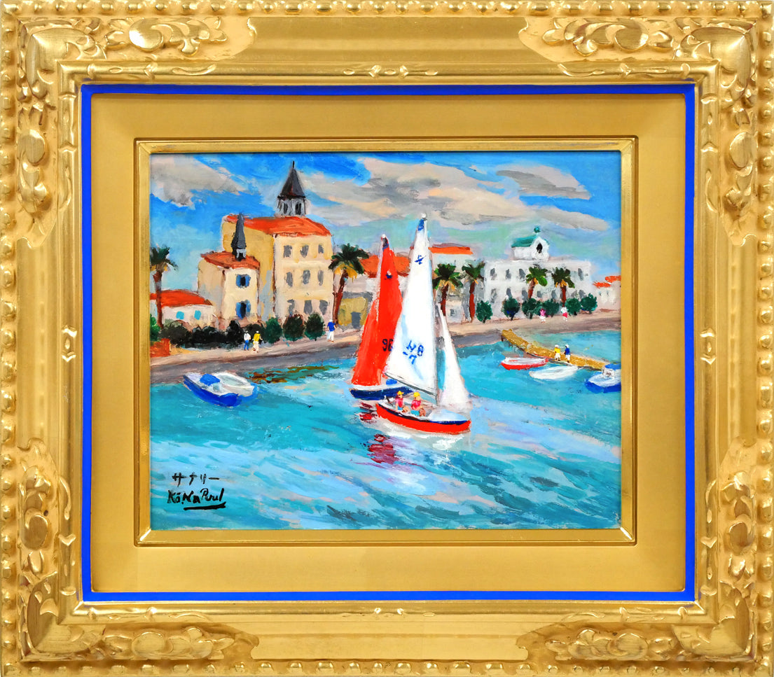 油絵 菅家令子絵 絵画インテリア額付(青緑＋金色の枠)F4-071820