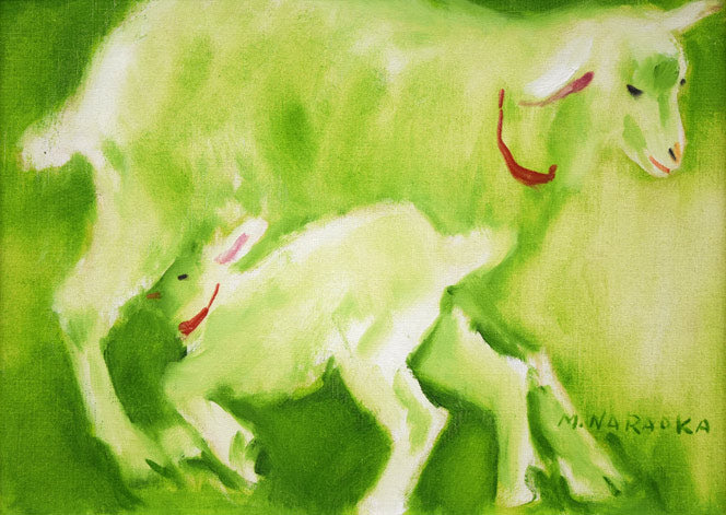 奈良岡正夫「親仔（山羊）」油絵・F4号 絵画買取・販売の小竹美術