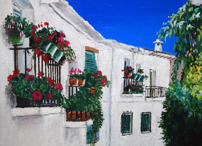 島津豪亮「白壁の街並み（スペイン）」油絵・F4号 絵画買取・販売の