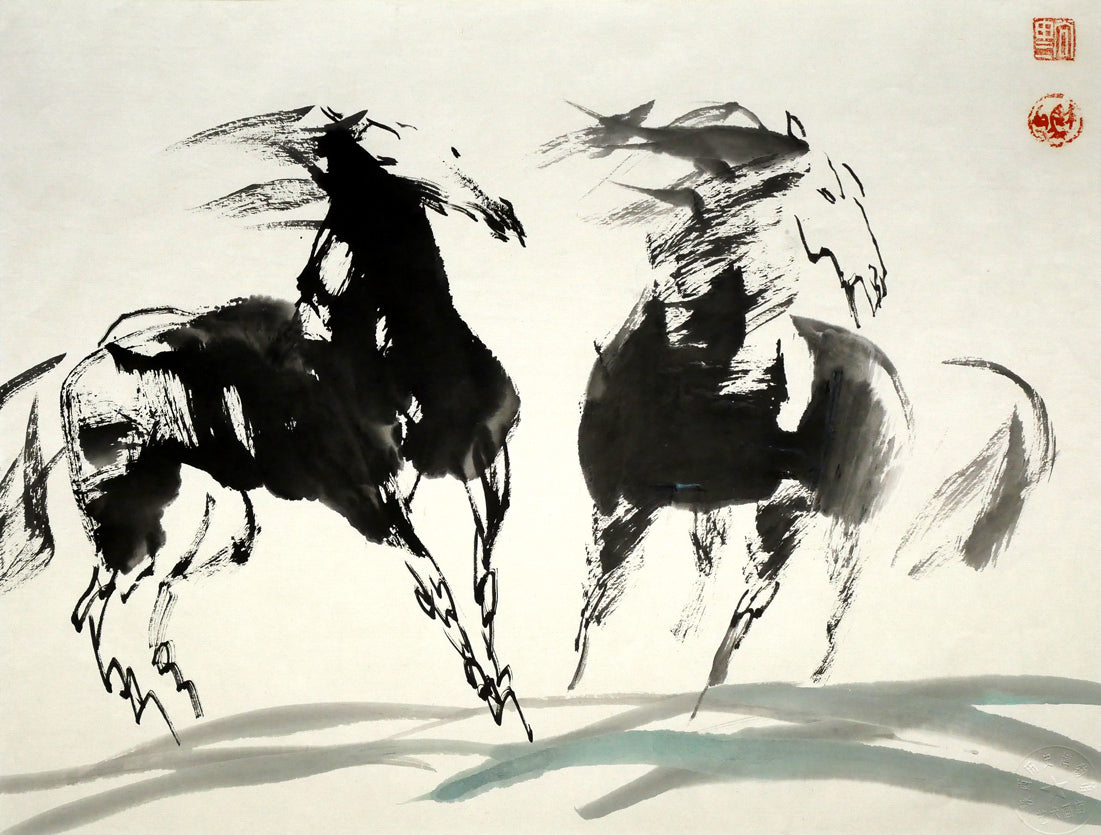 尚申三「双馬図」墨彩画・10号 絵画買取・販売の小竹美術