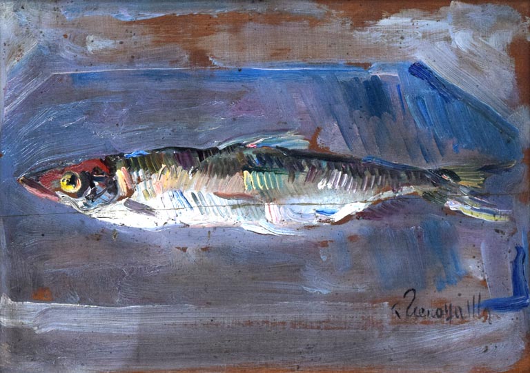 上野山清貢「魚を写す」油絵・F4号 絵画買取・販売の小竹美術