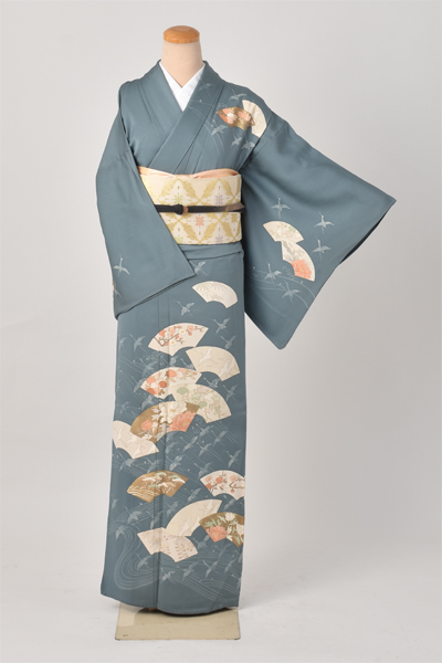 単衣訪問着[花浅葱色地・地紙扇面]｜着物レンタルあき (来店着付け無料