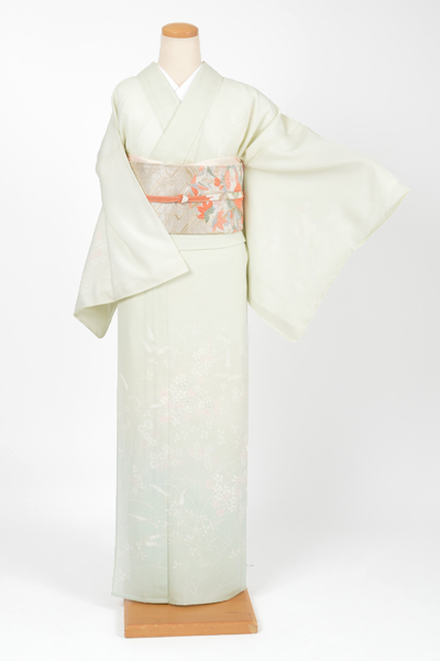 訪問着［ライムグリーン・四季の花]｜着物レンタルあき (来店着付け