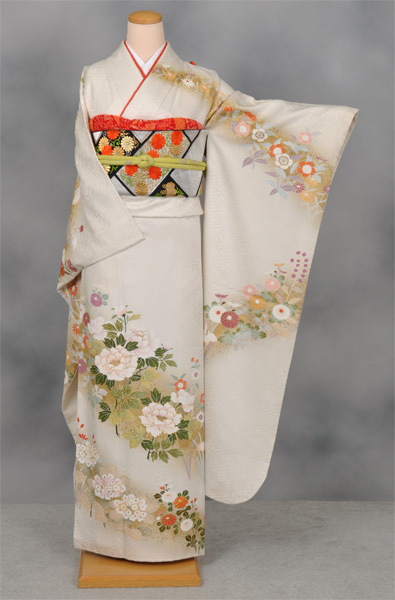 振袖(白の紗綾形地・花々)｜着物レンタルあき (来店着付け無料・全国