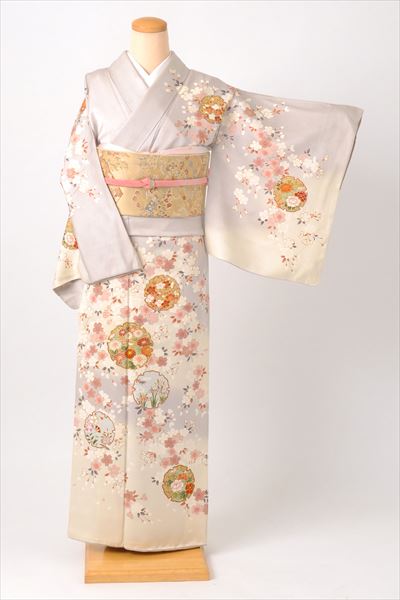 訪問着[淡いグレー雪輪と桜]｜着物レンタルあき (来店着付け無料・全国