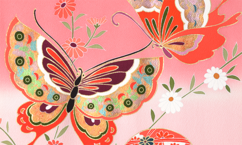 女児産着［桃色ぼかし地に蝶模様］｜着物レンタルあき (来店着付け無料