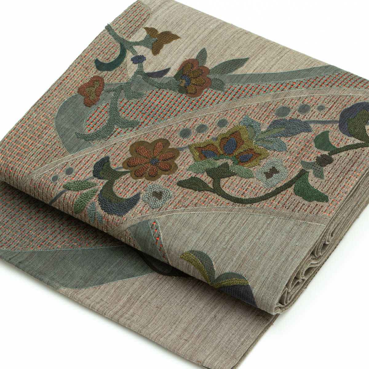 中国三大刺繍 汕頭刺繍】洒落袋帯 唐花文 相良刺繍 利休鼠色 錆系色