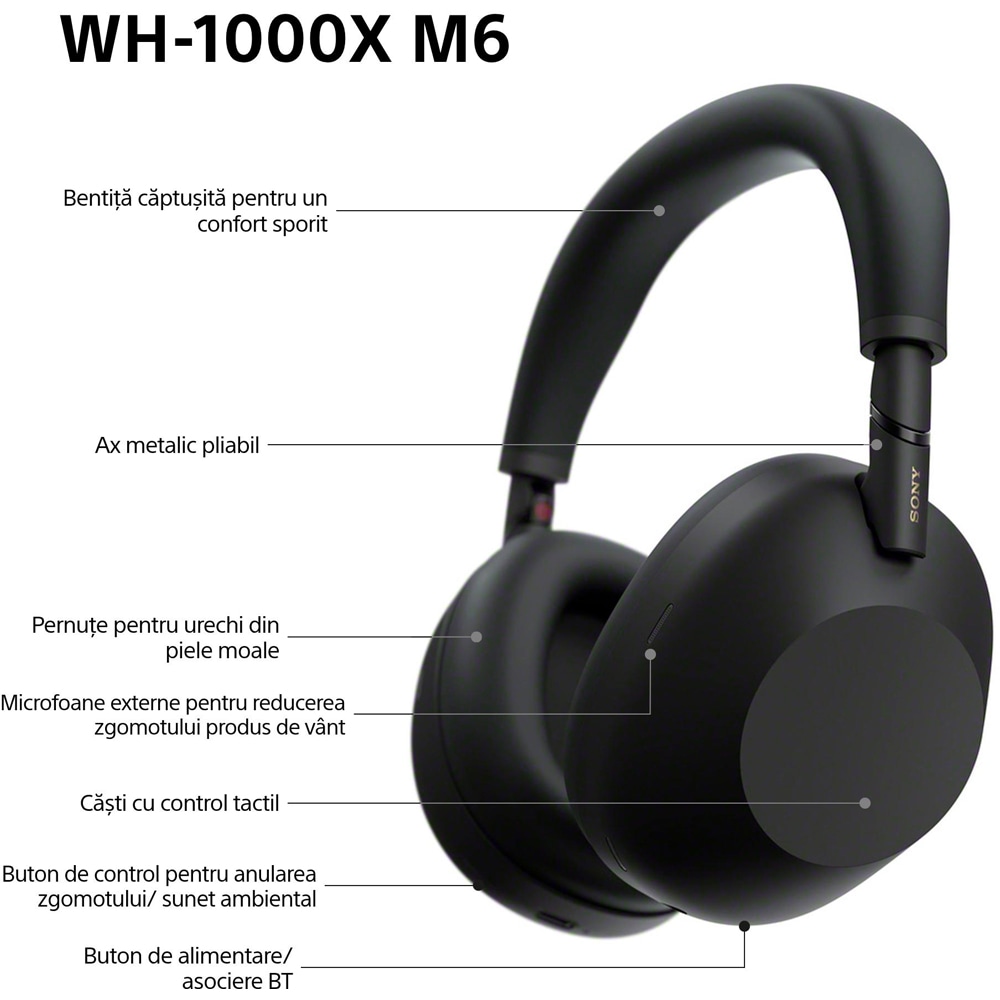 Casti SONY WH-1000XM6, Bluetooth, Over-Ear, Microfon, Noise