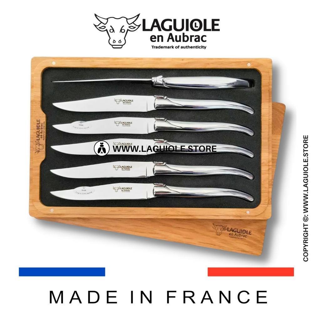 Set of 6 Laguiole en Aubrac Steak Knives Stainless Steel Shiny