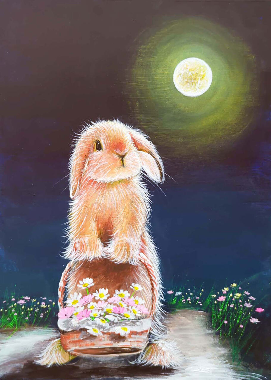 約P10号】float 原画 黒いウサギと手の油彩画 約P10号】float 原画