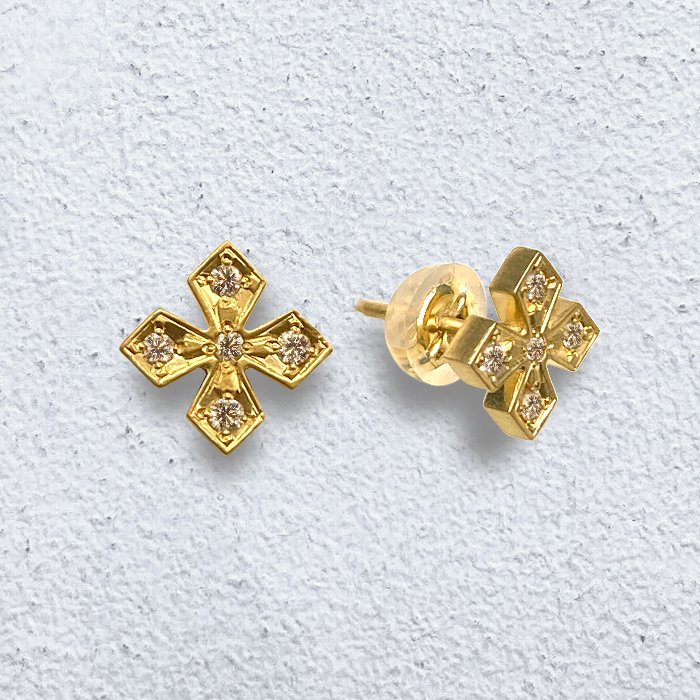 TINY ROUND STONE PRINCESS CROSS PIERCE 18k Yellow Gold / DIAMONDS