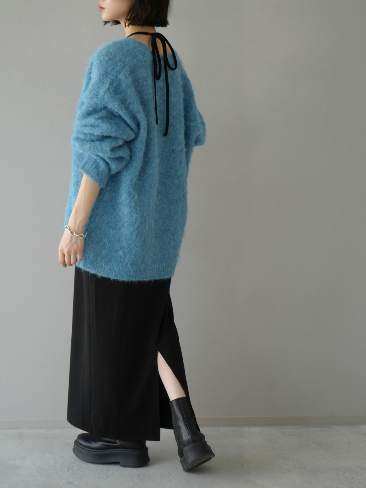 予約]ウール混モヘアタッチシャギーニットカーディガン/ブルー – Lumier