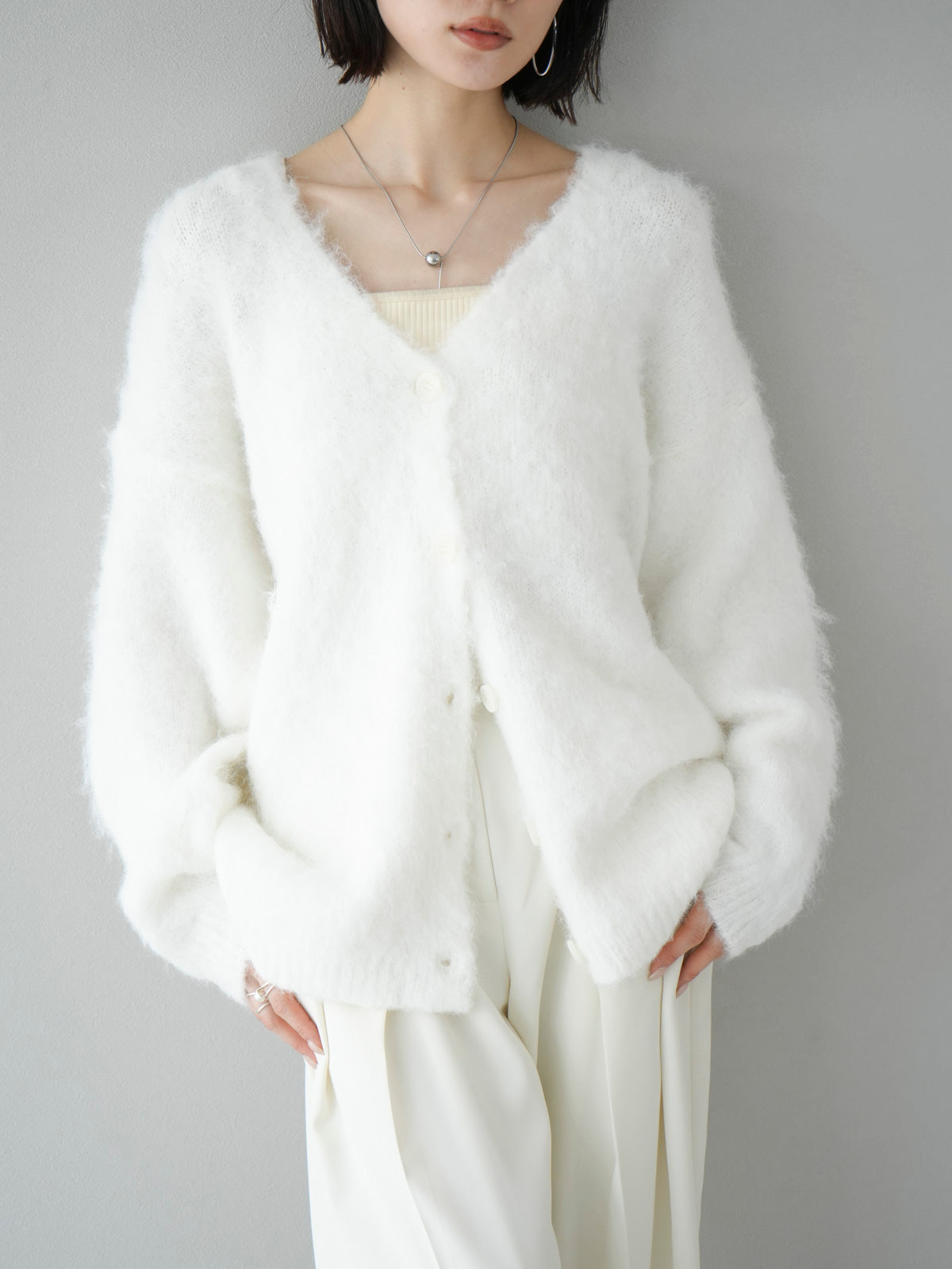 予約]ウール混モヘアタッチシャギーニットカーディガン/オフ – Lumier