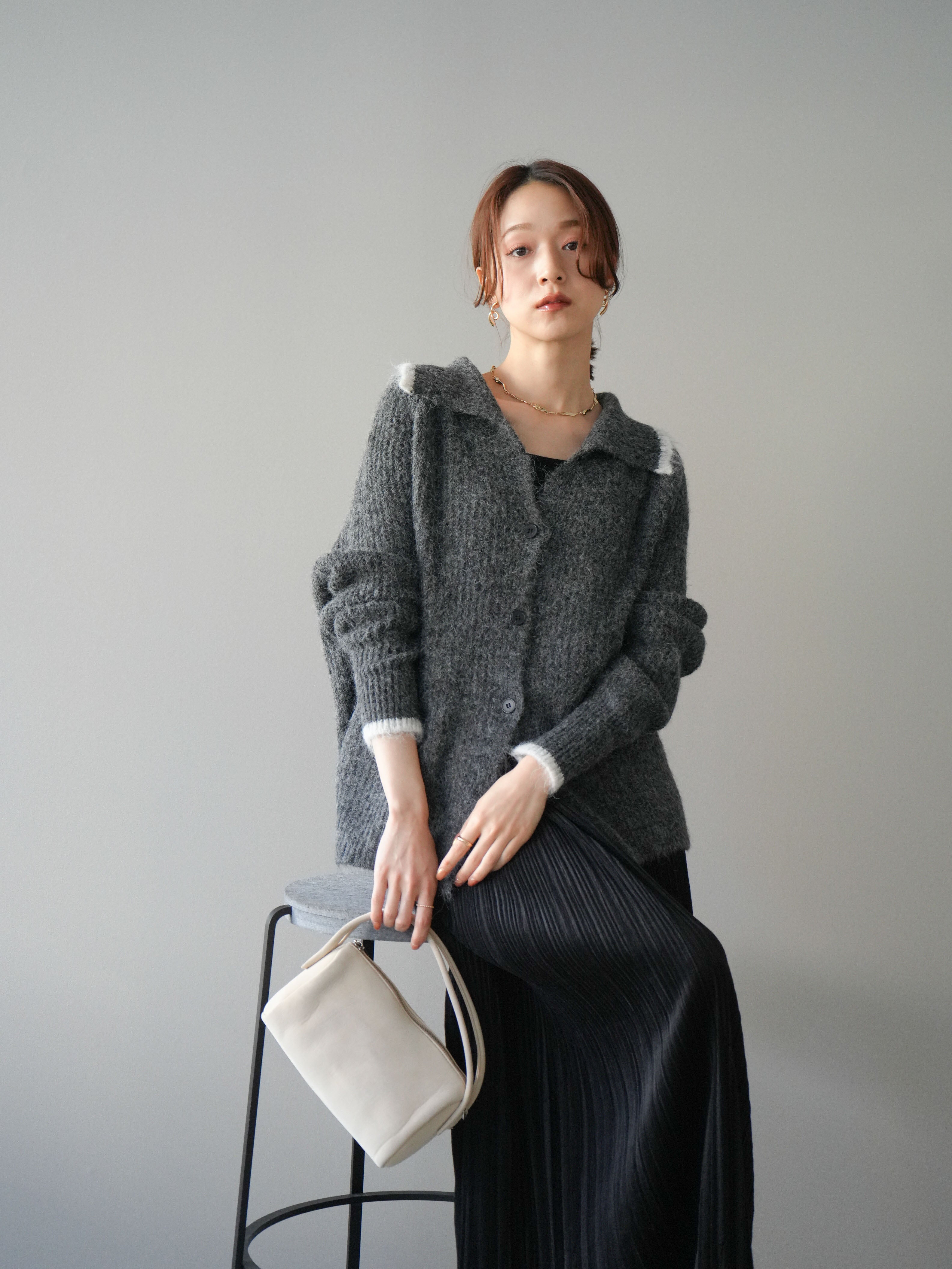 予約]襟付きバイカラーミックスニットカーディガン/gray – Lumier