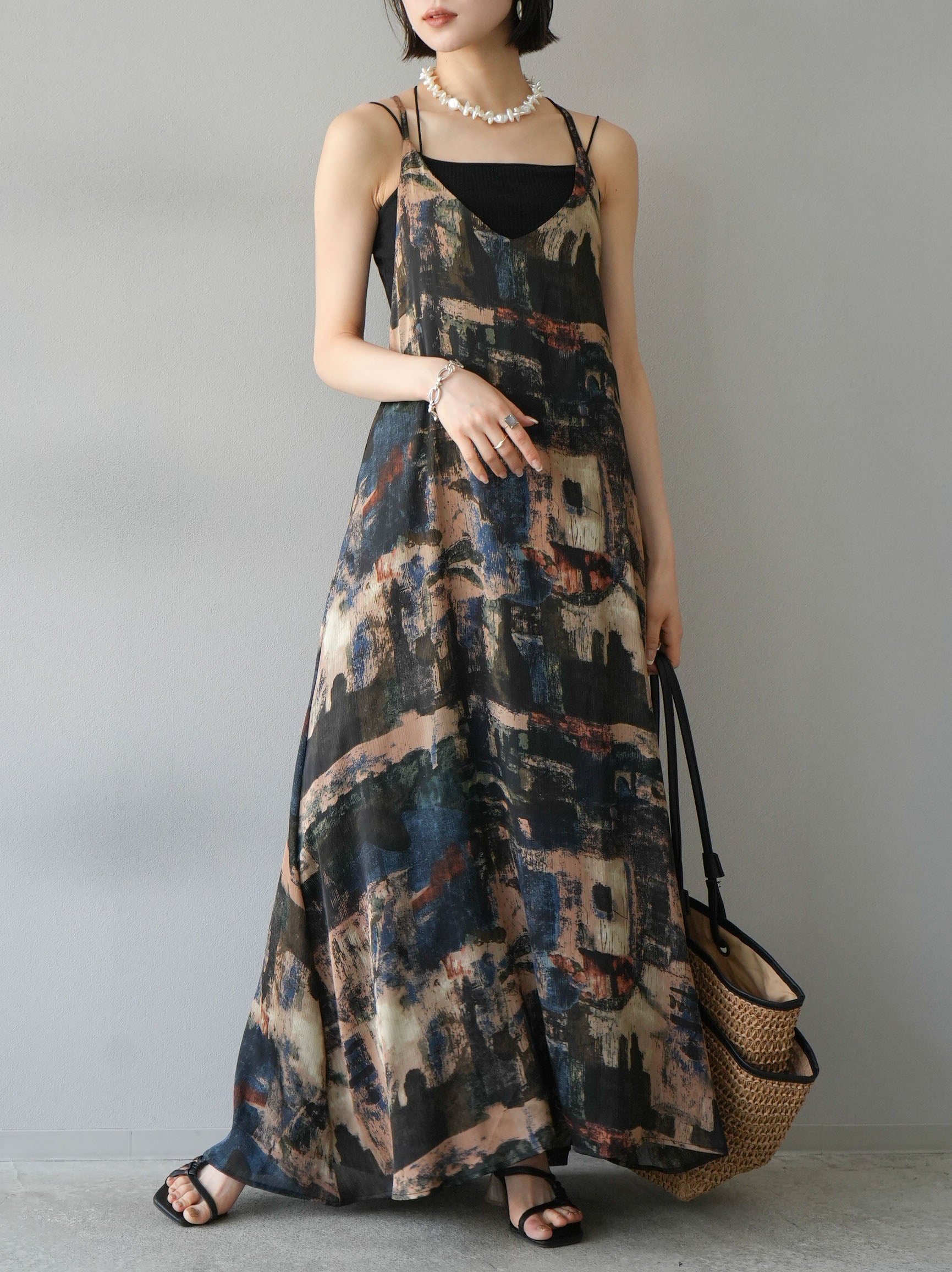 SET]ニュアンス柄バッククロスキャミワンピース+ダブルストラップ