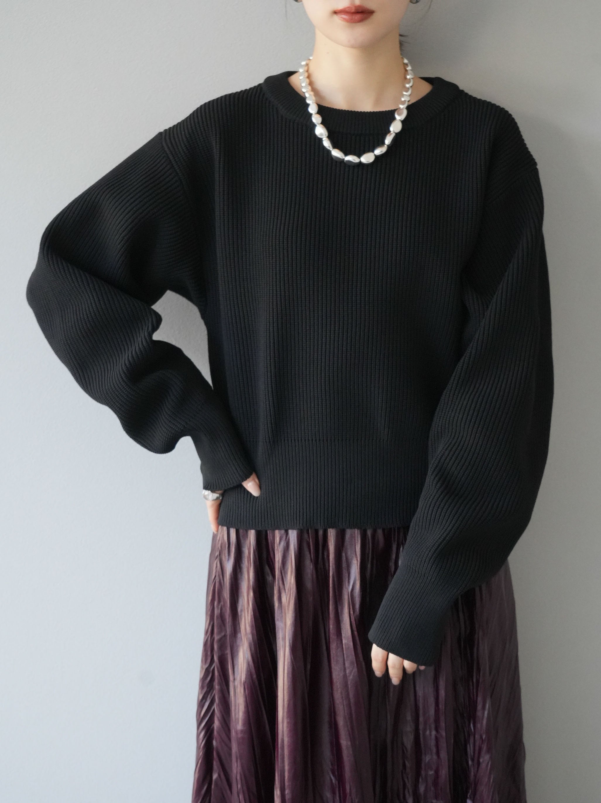 予約]あぜ編みポリエステルニットプルオーバー/ブラック – Lumier