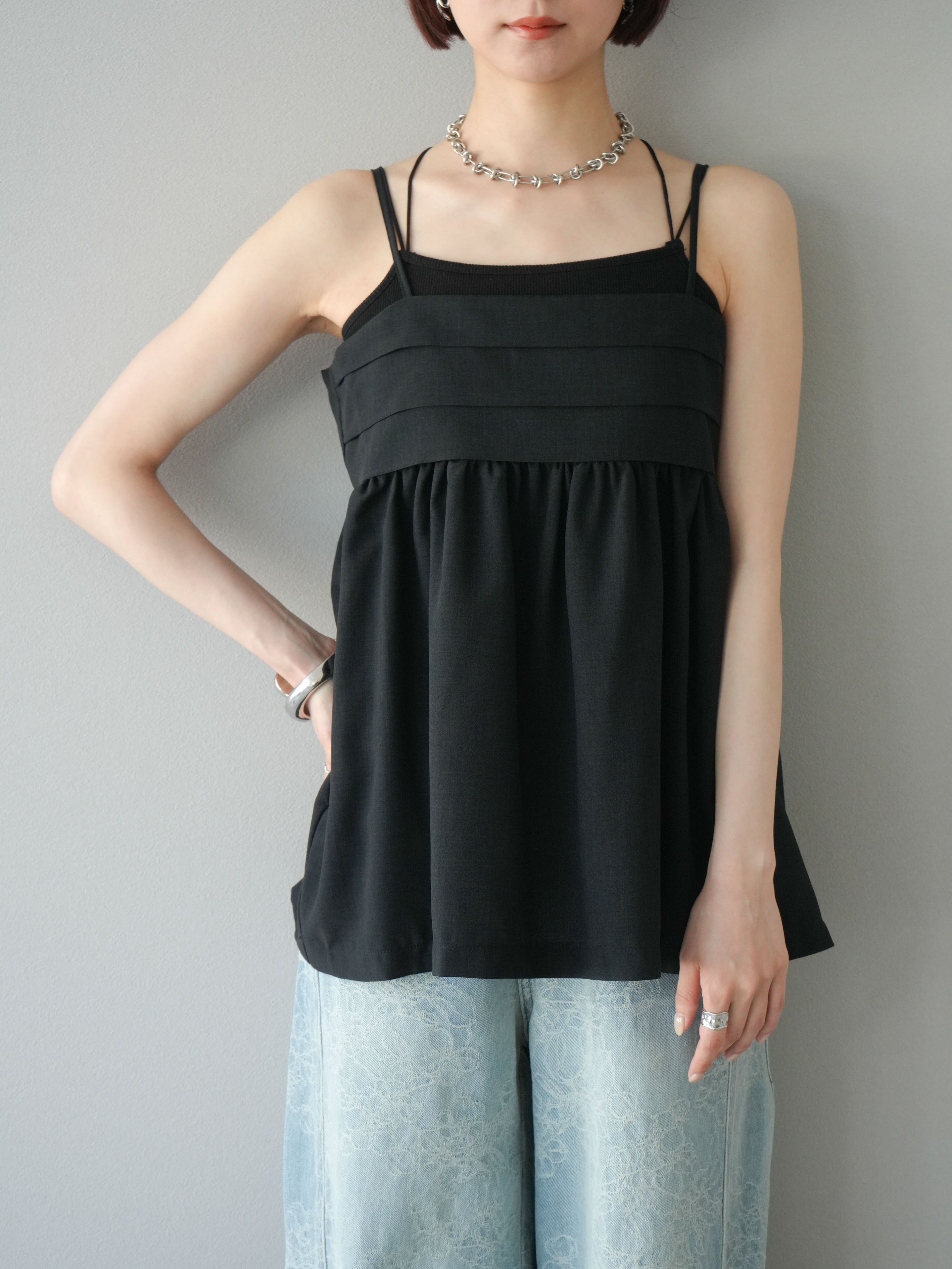 予約]リネンライクビスチェデザインキャミソール/ブラック – Lumier