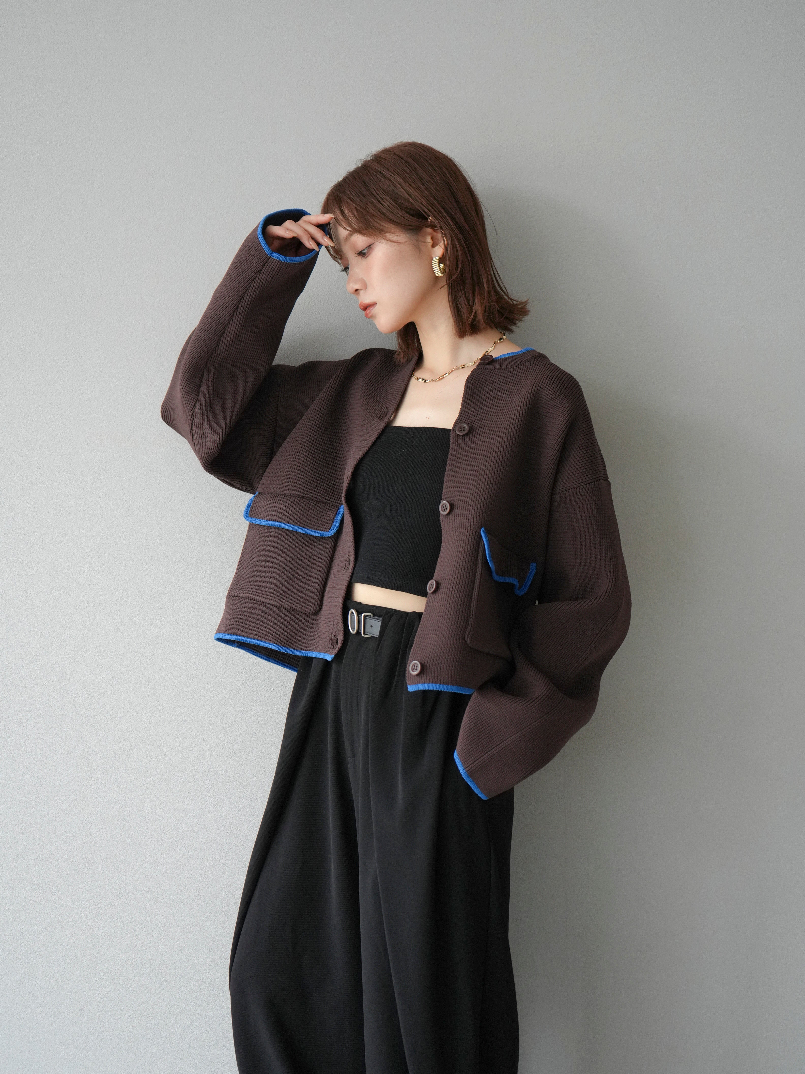 予約]ポリエステル配色クルーネックカーディガン/ブラウン – Lumier