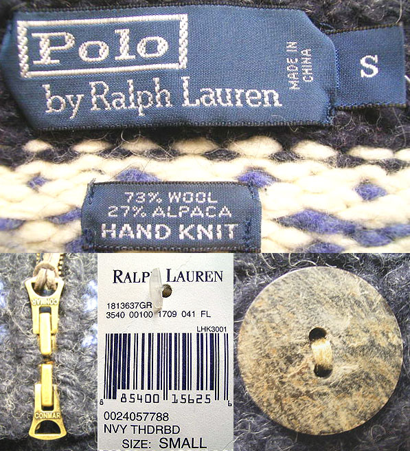 POLO by Ralph Lauren HAND KNIT ZIP COWICHAN SWEATER Thunderbird