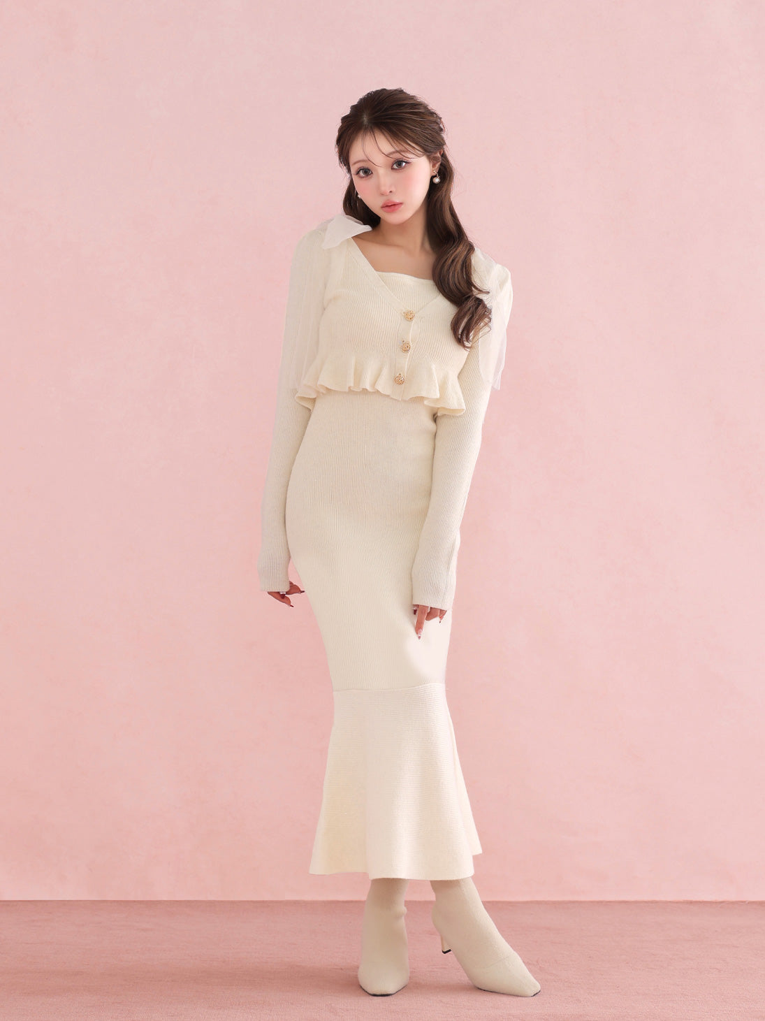 Ribbon peplum ensemble knit onepiece(eme10793) – M me eme