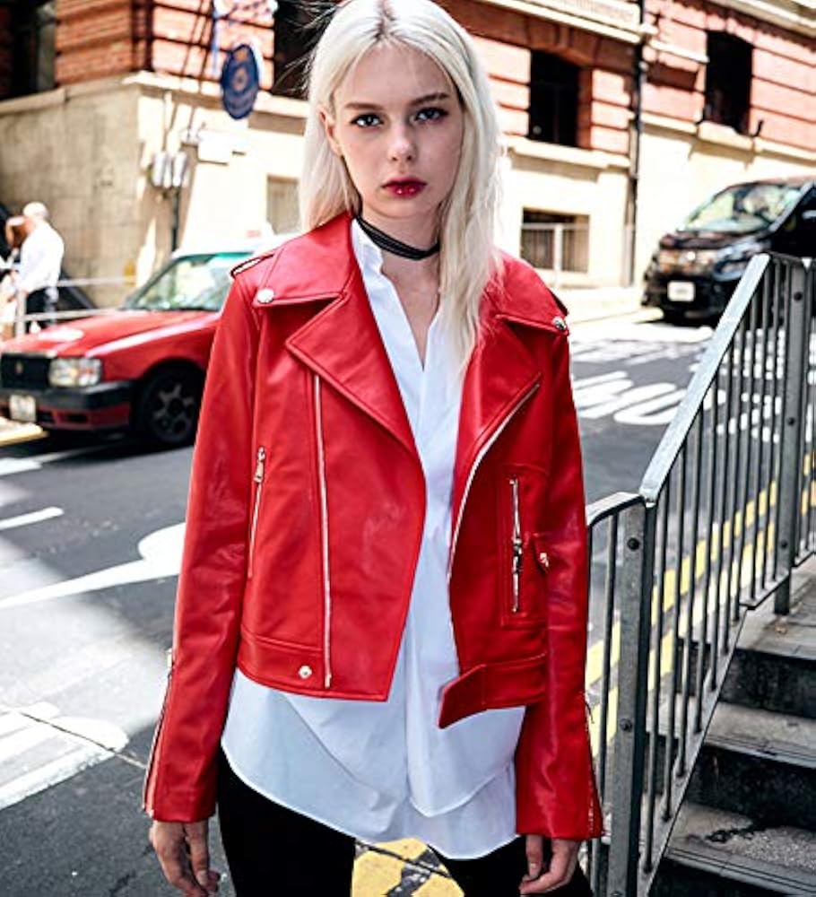 Amazon | レッドレザージャケット レディース 合成皮革 ライダース