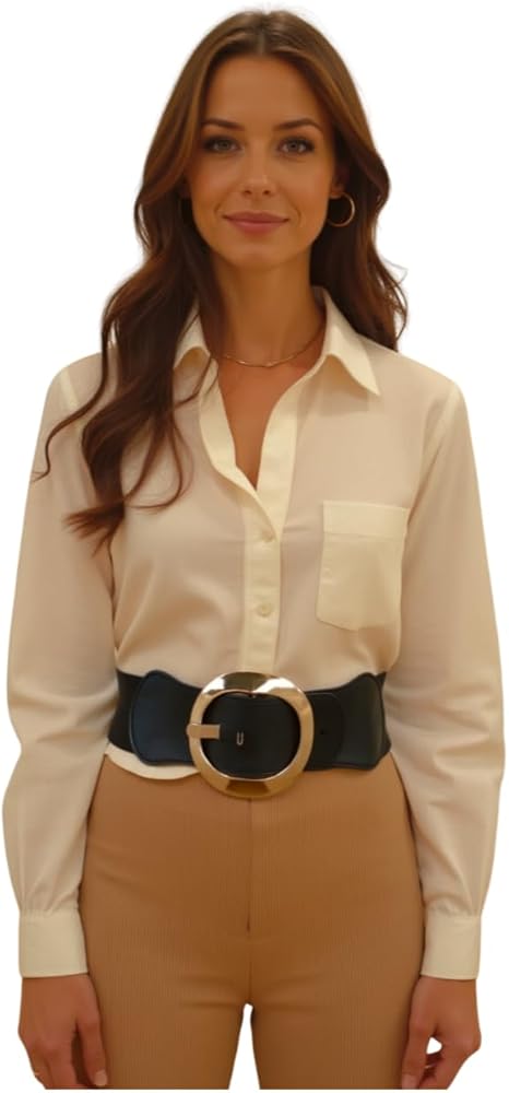 Amazon.com: Women Fashion Faux Leather Wide Black Elastic Belt