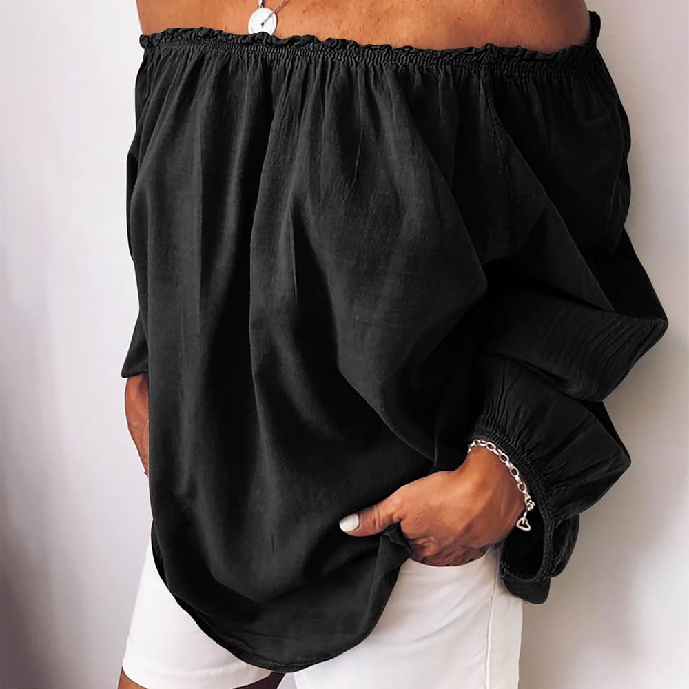 Amazon.com: Women's Off The Shoulder Tops Shirred Neck Long Sleeve
