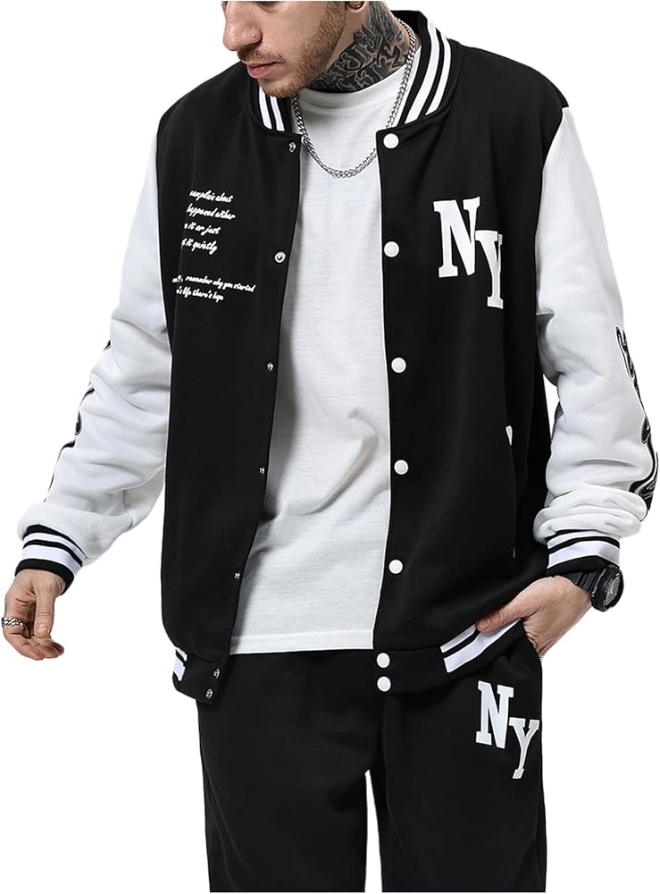 SOLY HUX Men's Varsity Jacket Color Block Letter Graphic Long