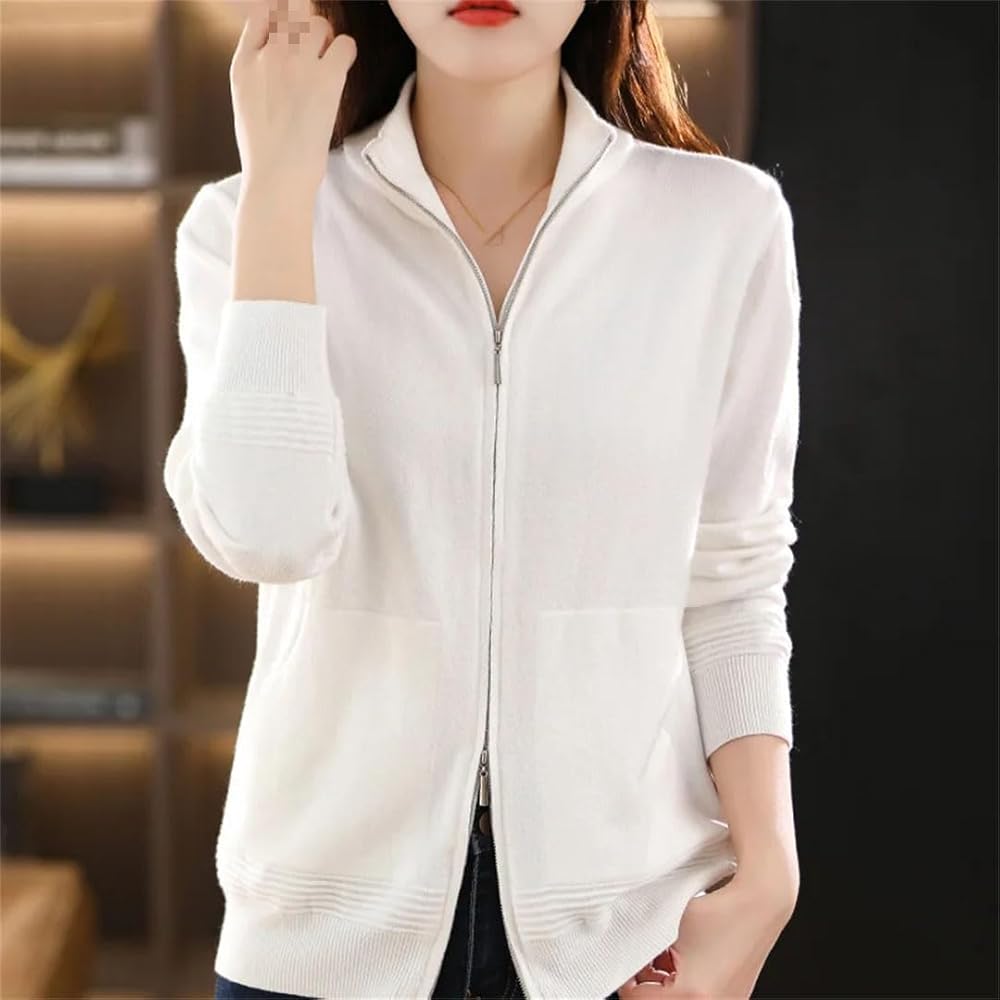 Women Wool Sweater Double Zipper Cardigan Casual Knitted Tops