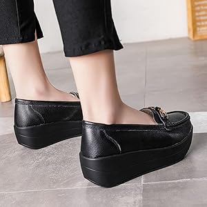 Amazon.com | BlackeEight Women's Leather Slip On Wedge Loafers