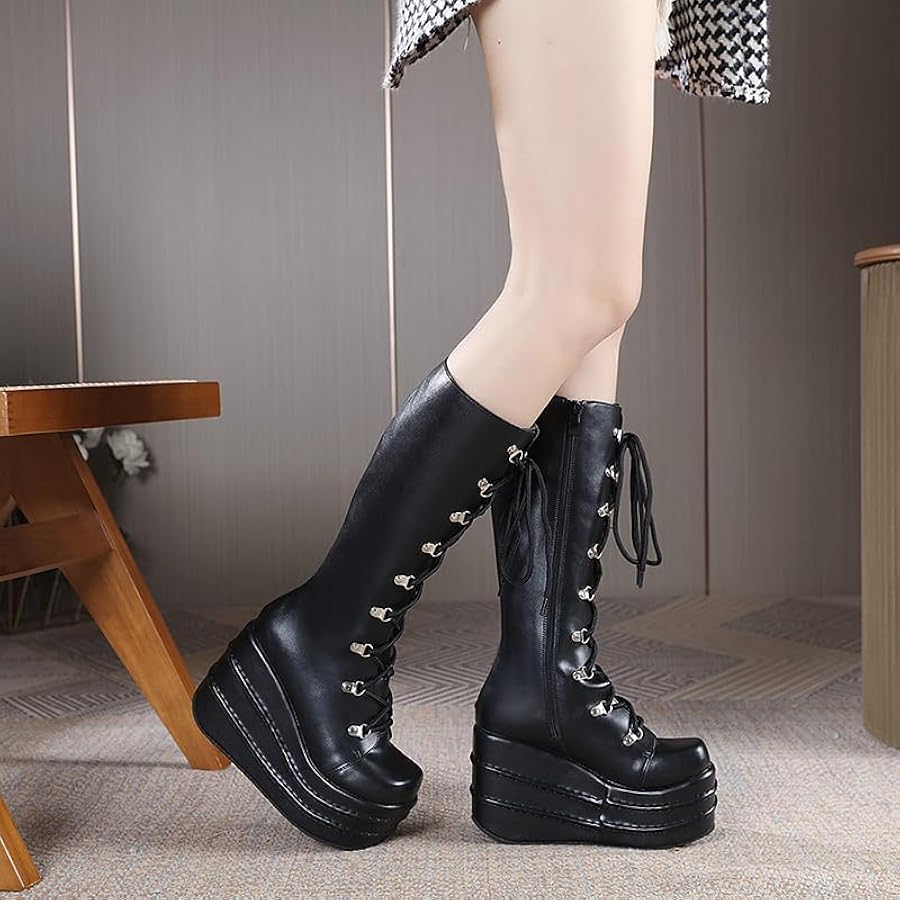 Amazon | [cnstone] 厚底ロングブーツ コスプレ ロングブーツ 編み上げ