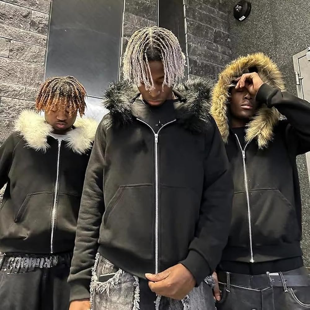heyheyshine Men's Zip Up Hoodie Fur Hooded Jacket Y2k Emo Grunge