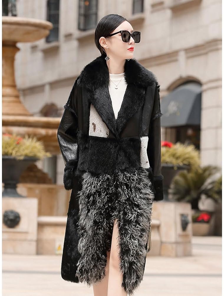 Denny&Dora Black Rabbit Fur Jacket Women's Mid-Length Winter Coat