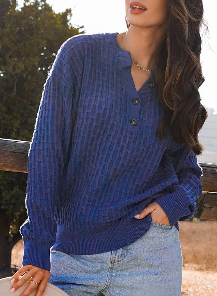 Dokotoo Women Sweaters Long Sleeve V Neck Henley Shirts Button