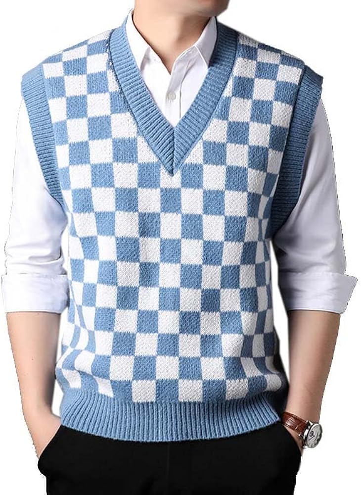 Aoleaky Men Knit Vest Checkered Checkboard Plaids Sleeveless