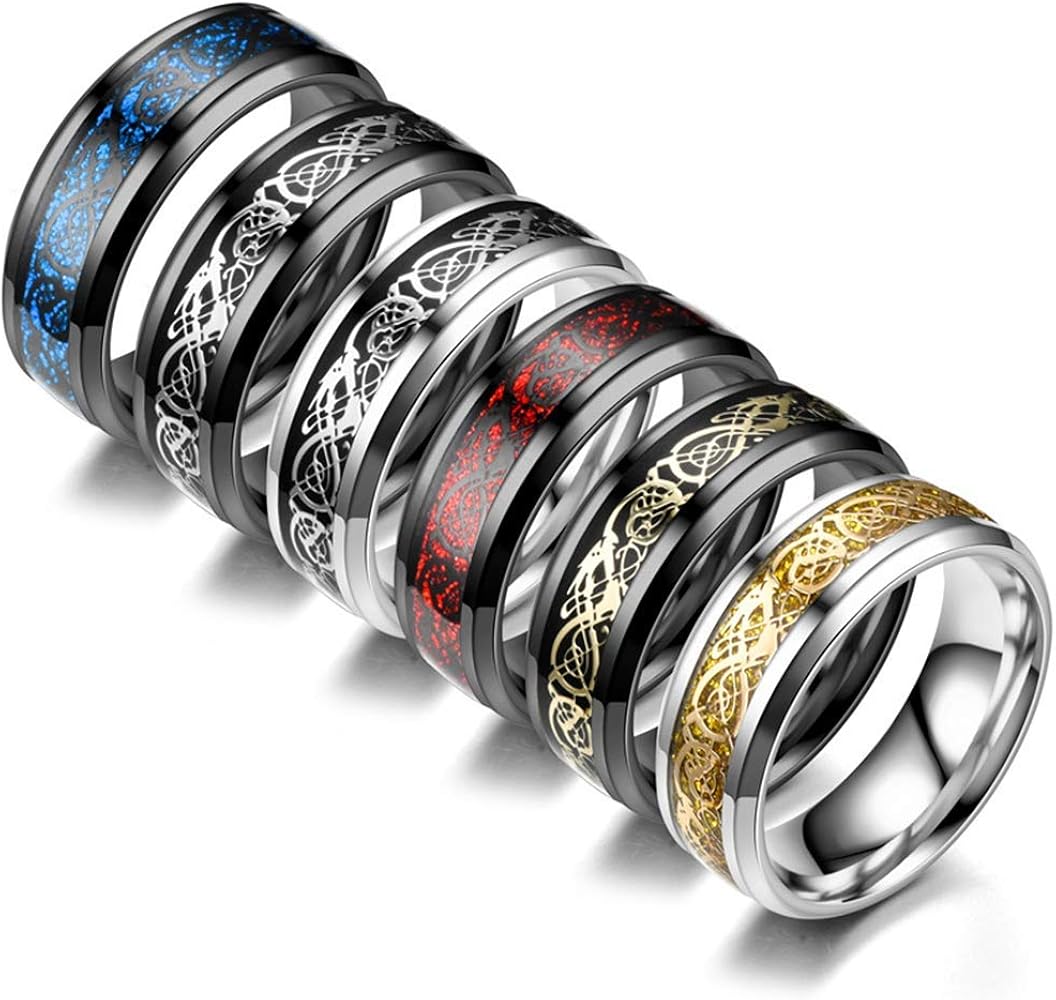 JEWPARK 6Pcs 8mm Stainless Steel Rings for Men Celtic Dragon