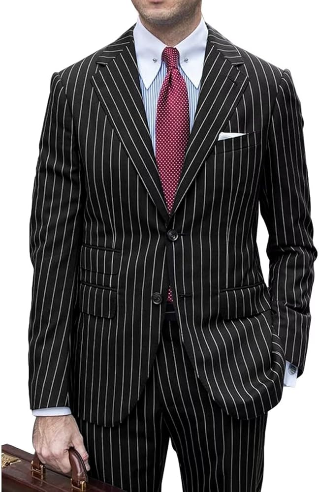 Mens Pinstripe Suit Slim Fit 2 Piece Stripe Suit Wedding Groom