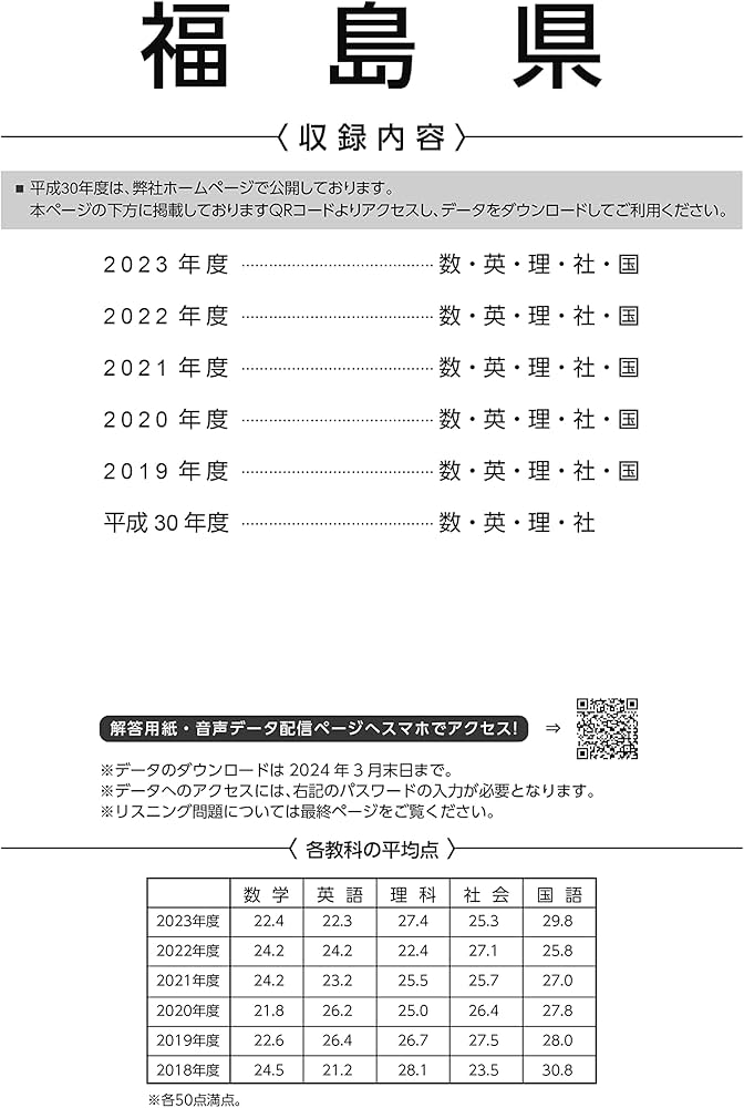 福島県公立高校 2024年度 英語音声ダウンロード付き【過去問5+1年分