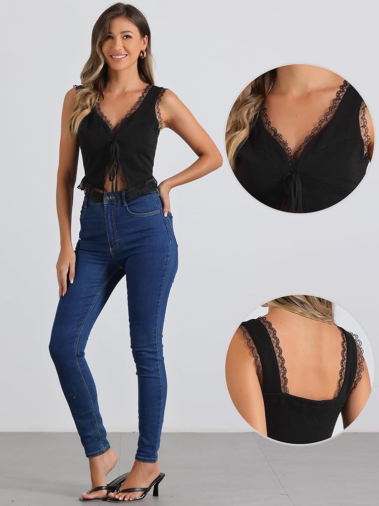 Allegra K Sleeveless Shrug Top for Women's Tie Front Lace Trim