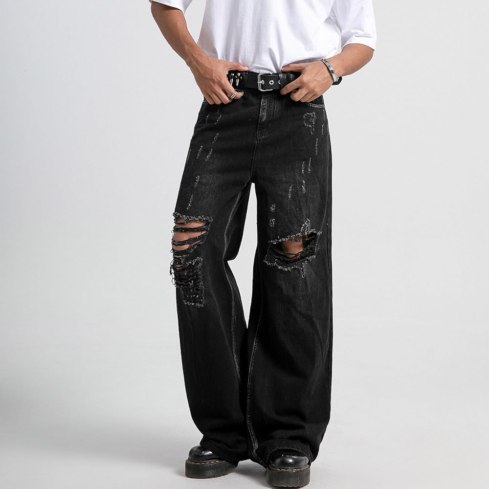 COOLMONAR Men's Baggy Jeans Ripped Black Wide Leg Distressed