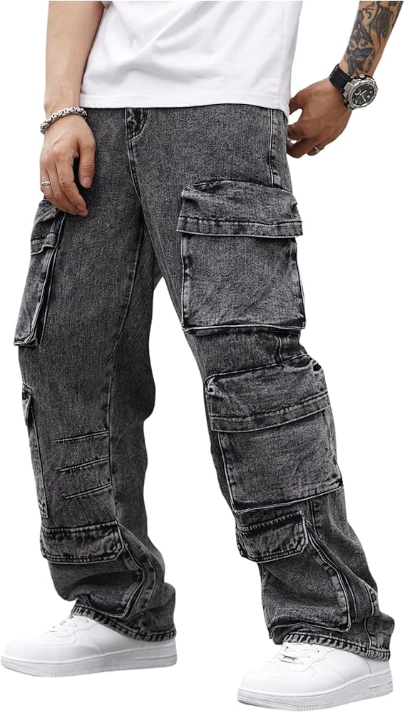 SOLY HUX Men's Cargo Jeans Y2k Grunge Hip Hop Wide Leg Baggy Denim