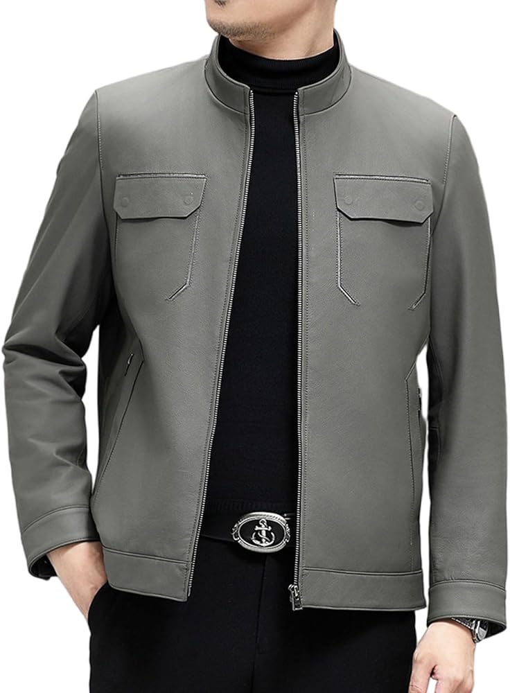 GL SUIT Mens Stand Collar Leather Jacket Cow Hide Jacket Genuine
