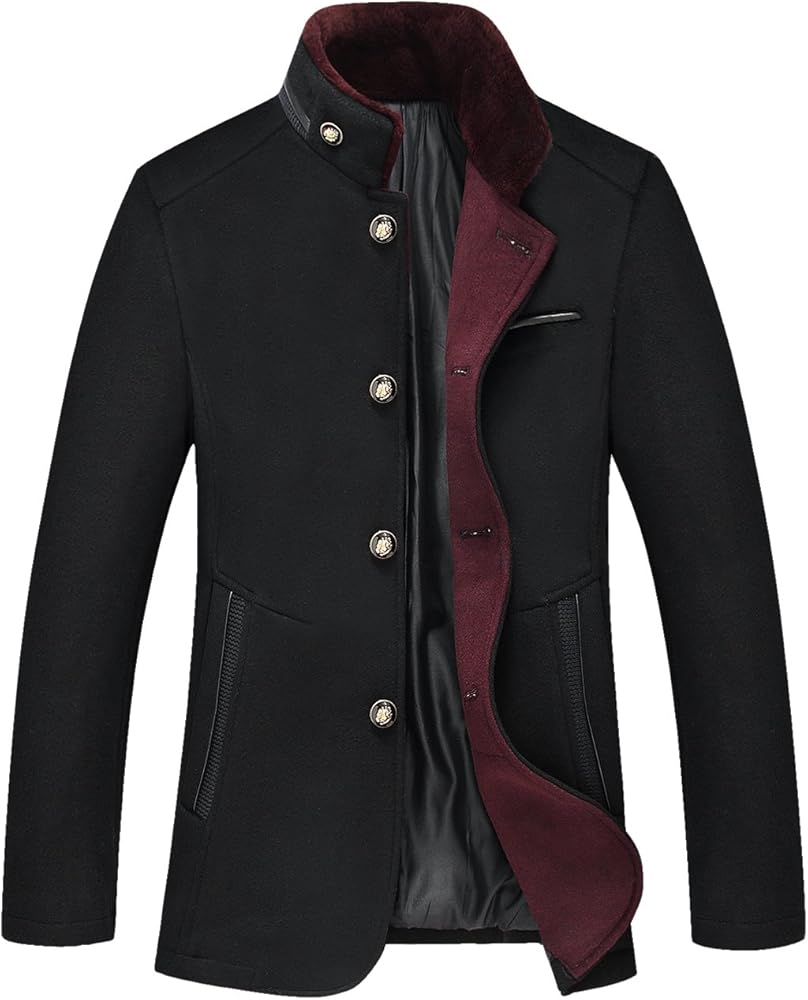 chouyatou Men's Gentle Band Collar Single Breasted Wool Blend Pea