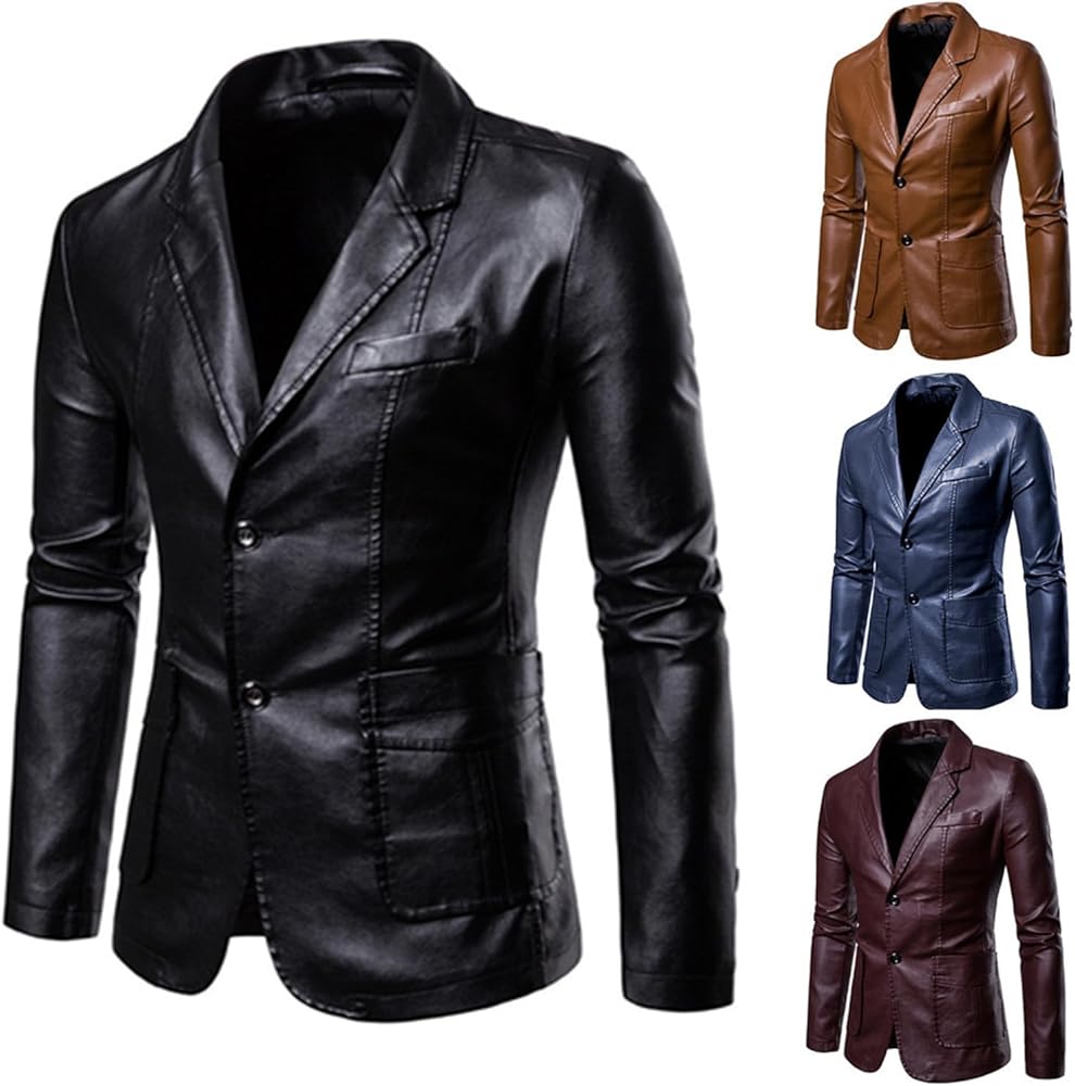 ZH8FCHAN Men's Casual Notched Collar 2 Button Slim Moto Faux